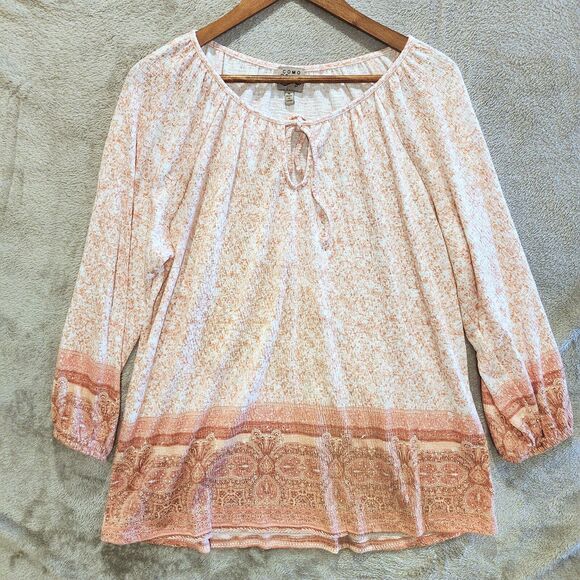 Como Vintage Pink Long Sleeve Tied Neck Blouse Size XL Boho Peasant Hippie - Picture 1 of 12